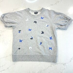 Kate Spade Embroidered Butterfly Pullover Sweatshirt Womens L Gray Puff Sleeve